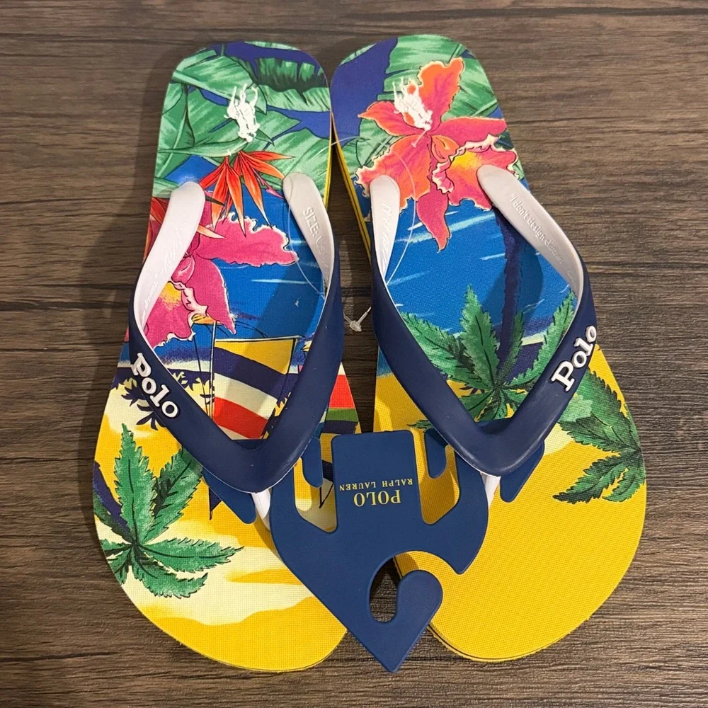 Polo Ralph Lauren Men’s BOLT Tropical Aloha Print Flip Flops Shoes - Picture 3 of 6